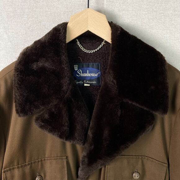 Vintage Shanhouse Mens Canvas Barn Coat Size 44 Chore Jacket Faux Fur Lined Belt - Picture 4 of 13